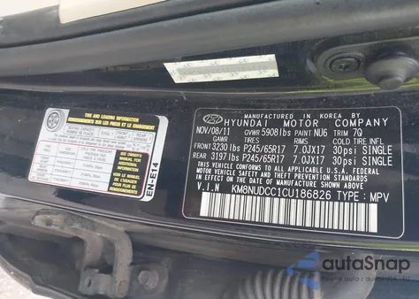 2012 Hyundai Veracruz z USA, uszkodzony, nr VIN KM8NUCDC1CU186826